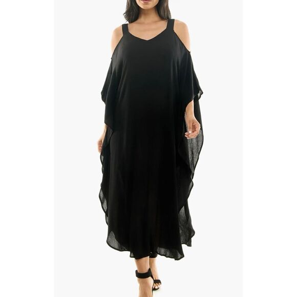 Nina Leonard Women's Size M Cold Shoulder Black Crepe Textured Maxi Dress - Picture 12 of 14